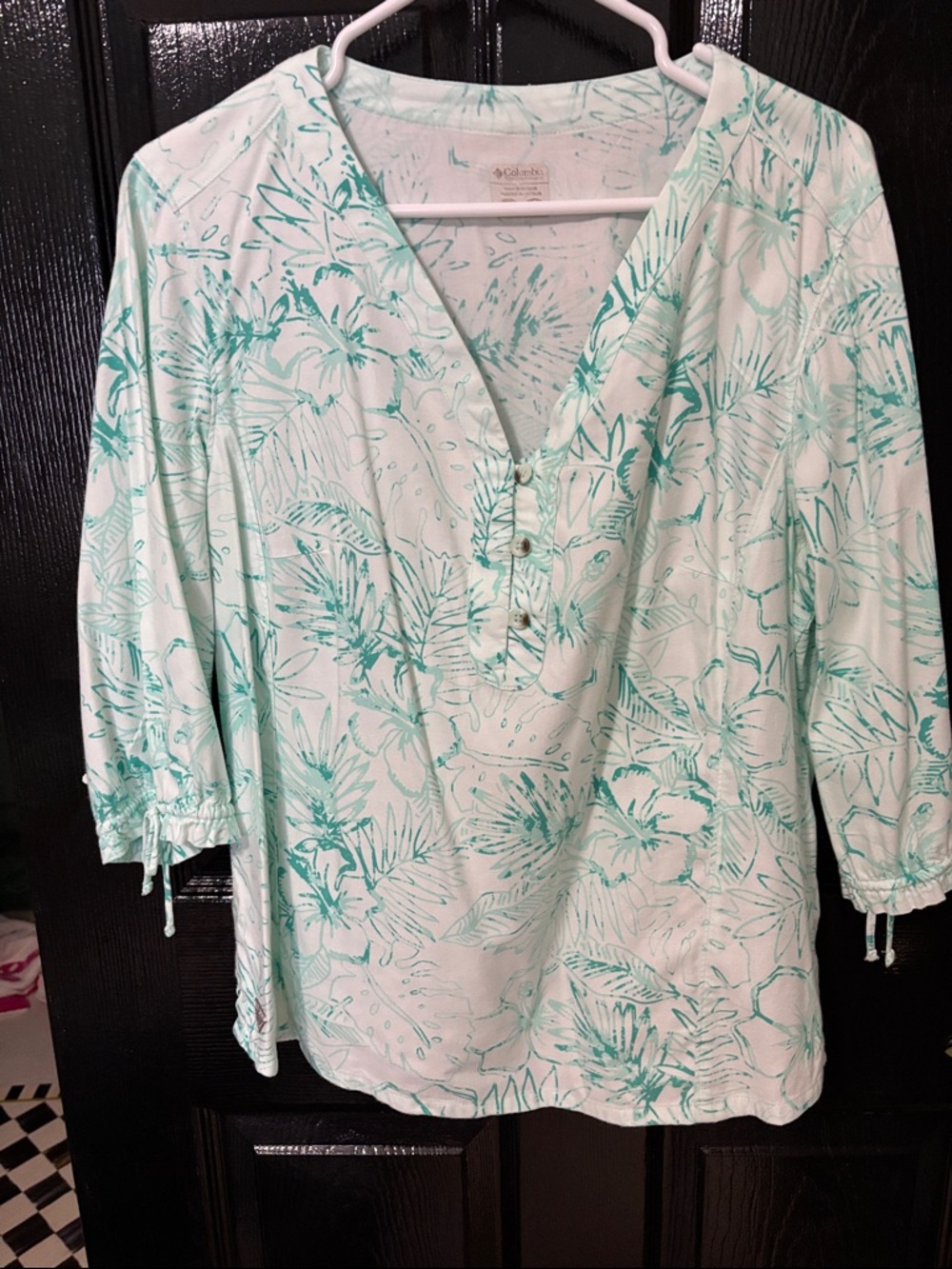 Columbia White and Mint Green Floral Henley Blouse